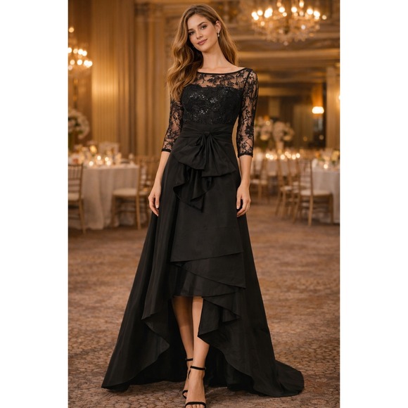 adrianna papell black high low dress Adrianna Women's Off-The-Shoulder Layered Lace Gown - Black main image 0